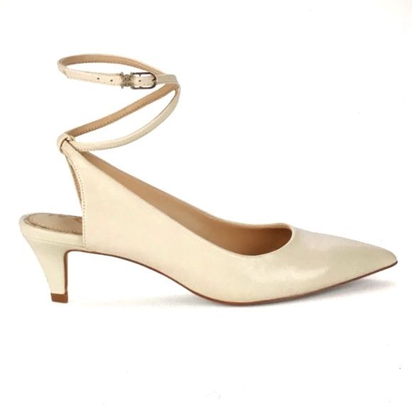 SAM EDELMAN Devry Leather Heeled Pumps Pointed Toe Kitten Heels Cream Size 7.5 - Picture 1 of 16